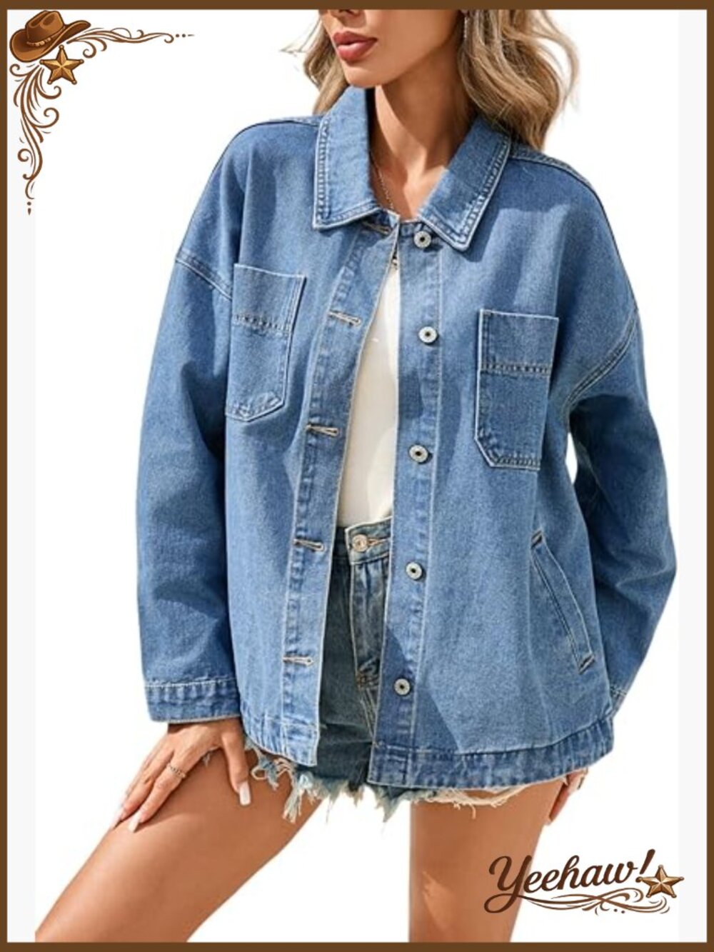 Oversized Denim Jacket Women Button Down Long Sleeve Shacket Pockets